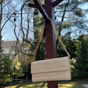 Bottega Veneta Cream Woven Leather Crossbody with Gold Chain
